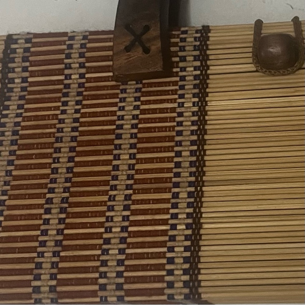 Vintage Collapsible Bamboo Handbag Slatted Double Wooden Handle Rectangle Purse - Picture 7 of 16